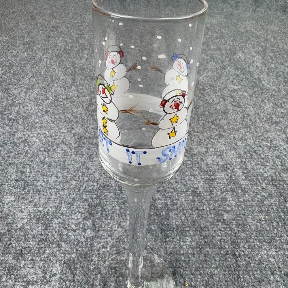 Hand Painted Christmas Champagne Flutes‎ Set Of 2 Snowman Holiday Lights Glasses